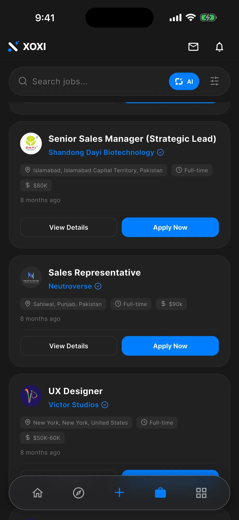 XOXI app: the jobs list