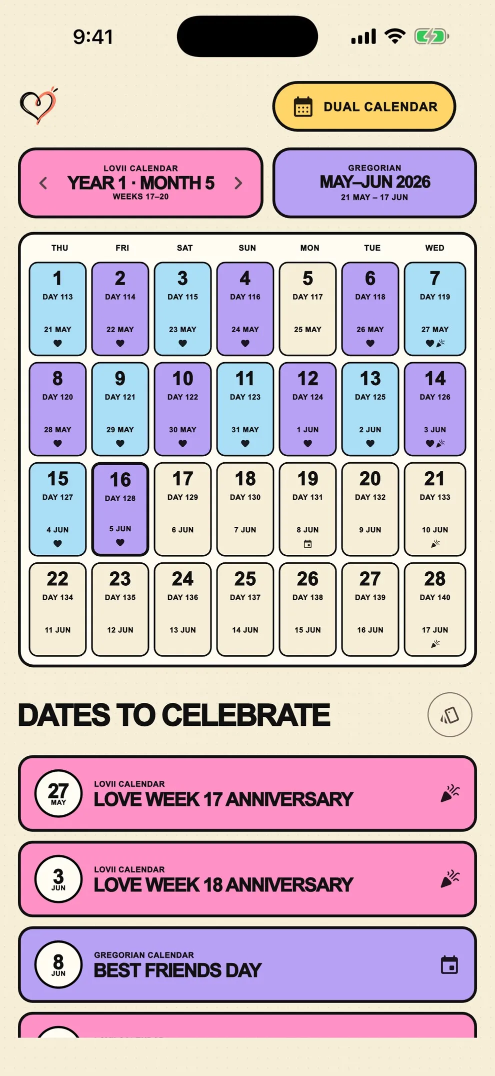 Lovii app: the Lovii calendar
